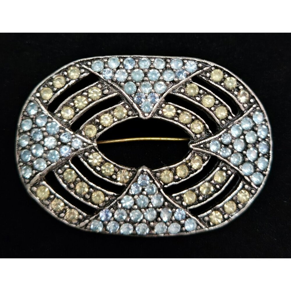 Vintage Nancy Katz Art Deco Style Rhinestone Brooch Blue and Yellow